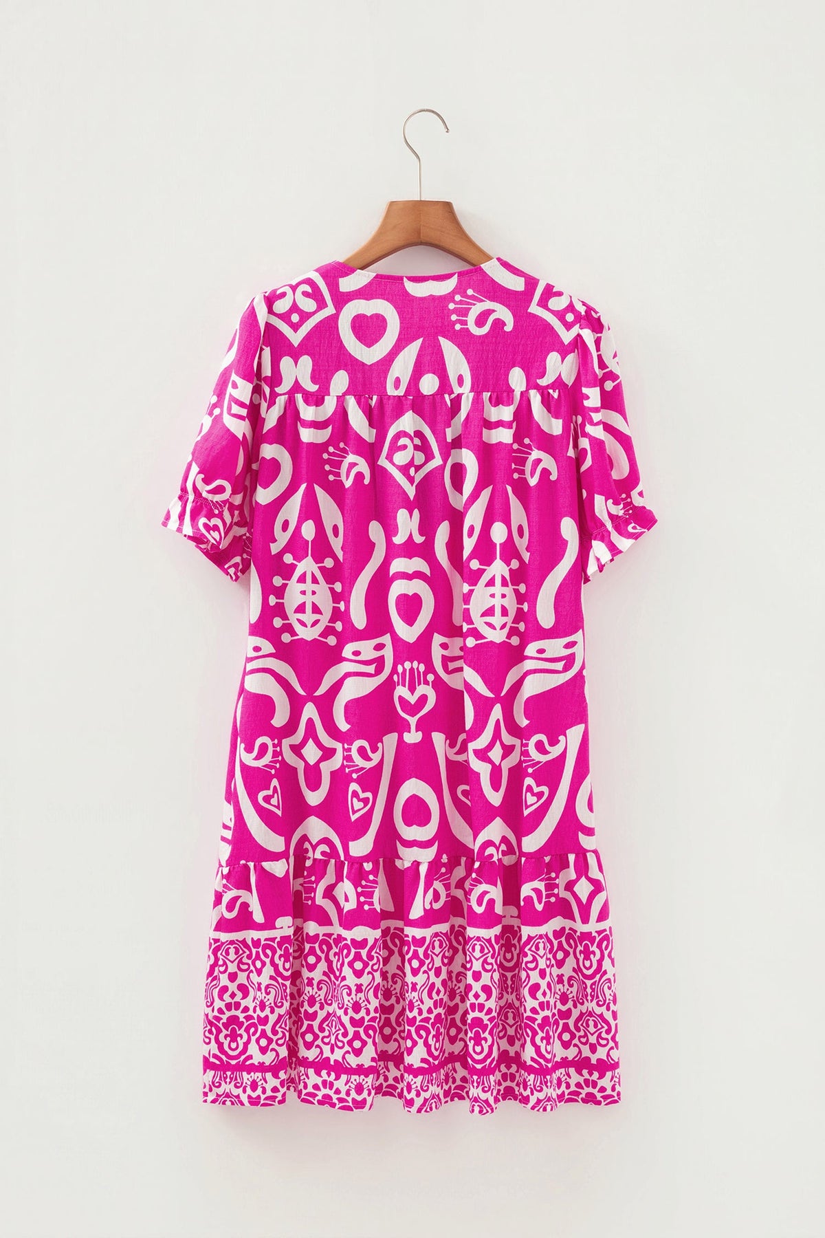 Boho Abstract Contrast Trim V-Neck Flared Dress