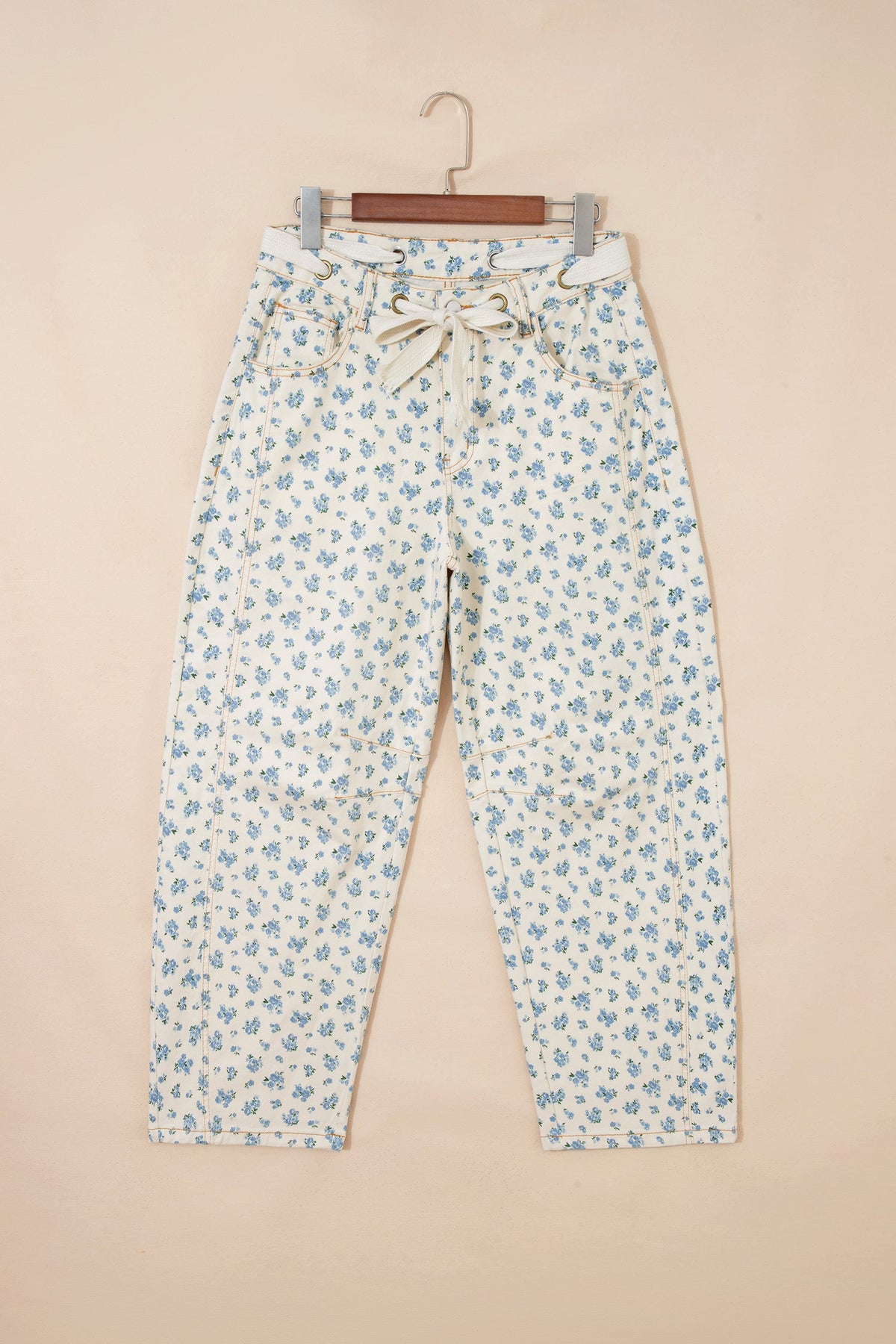Floral Grommet Knot Waist Barrel Leg Jeans