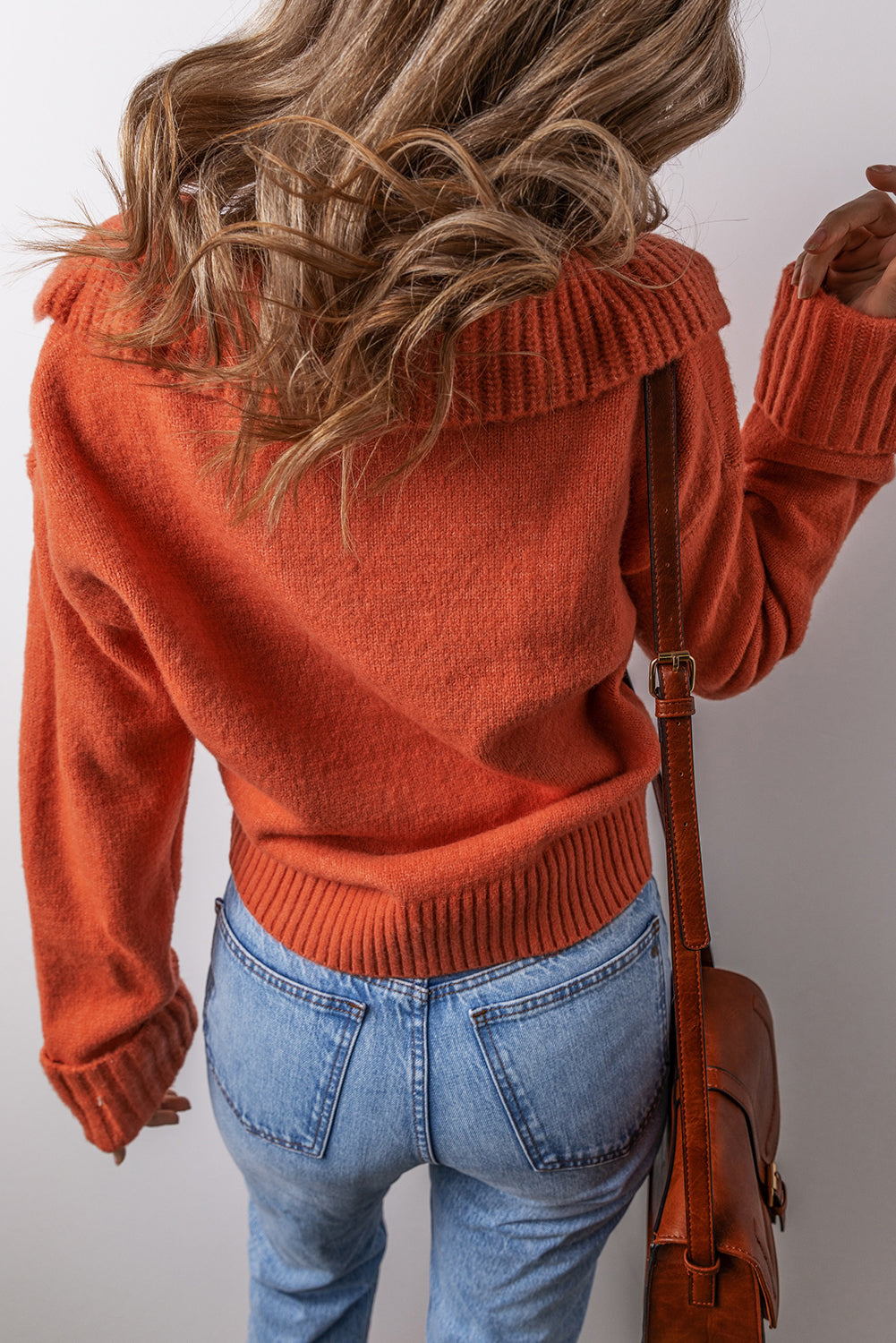 Solid Collared V-Neck Ribbed Edge Sweater