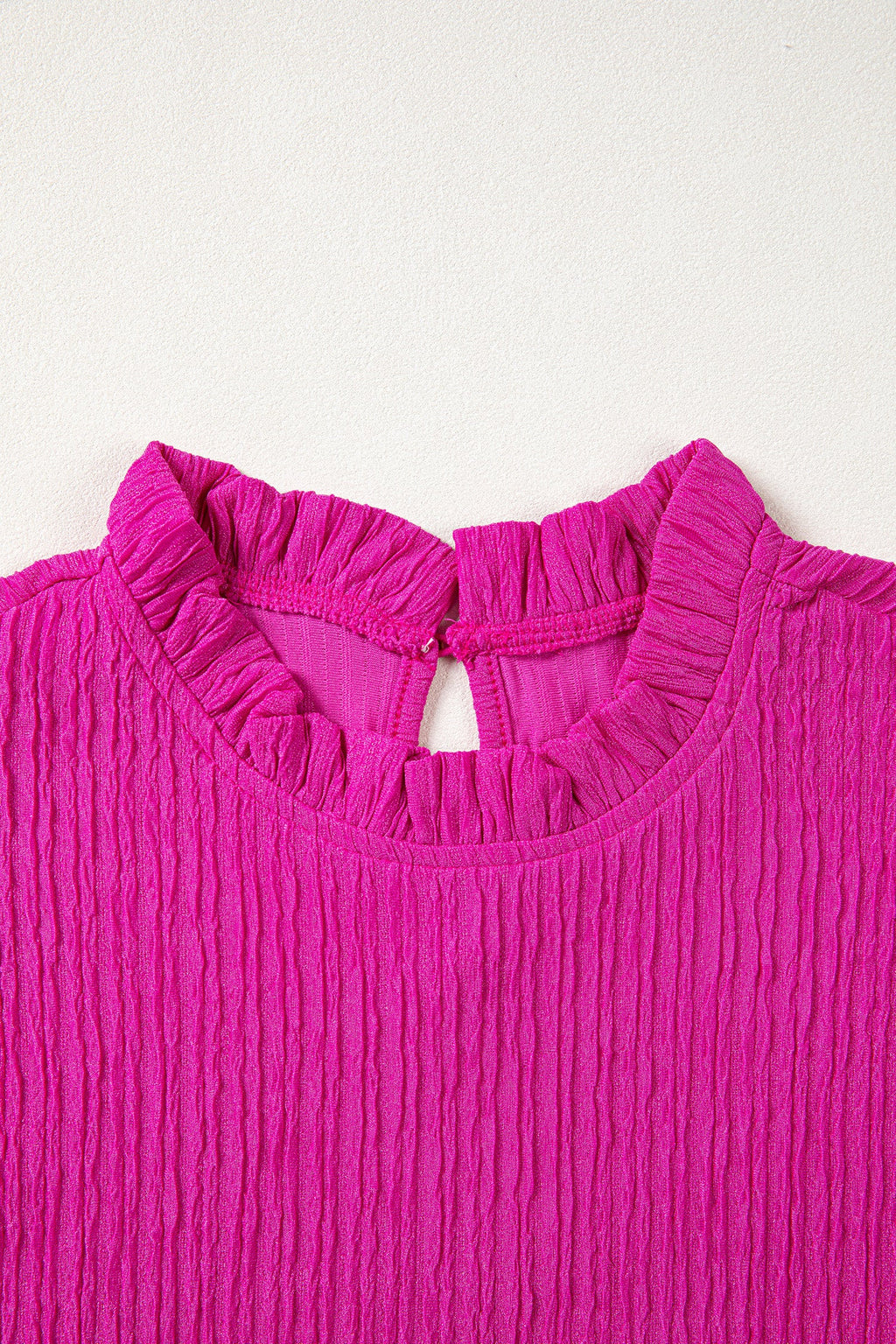 Solid Textured Ruffle Trim Short Sleeve Blouse