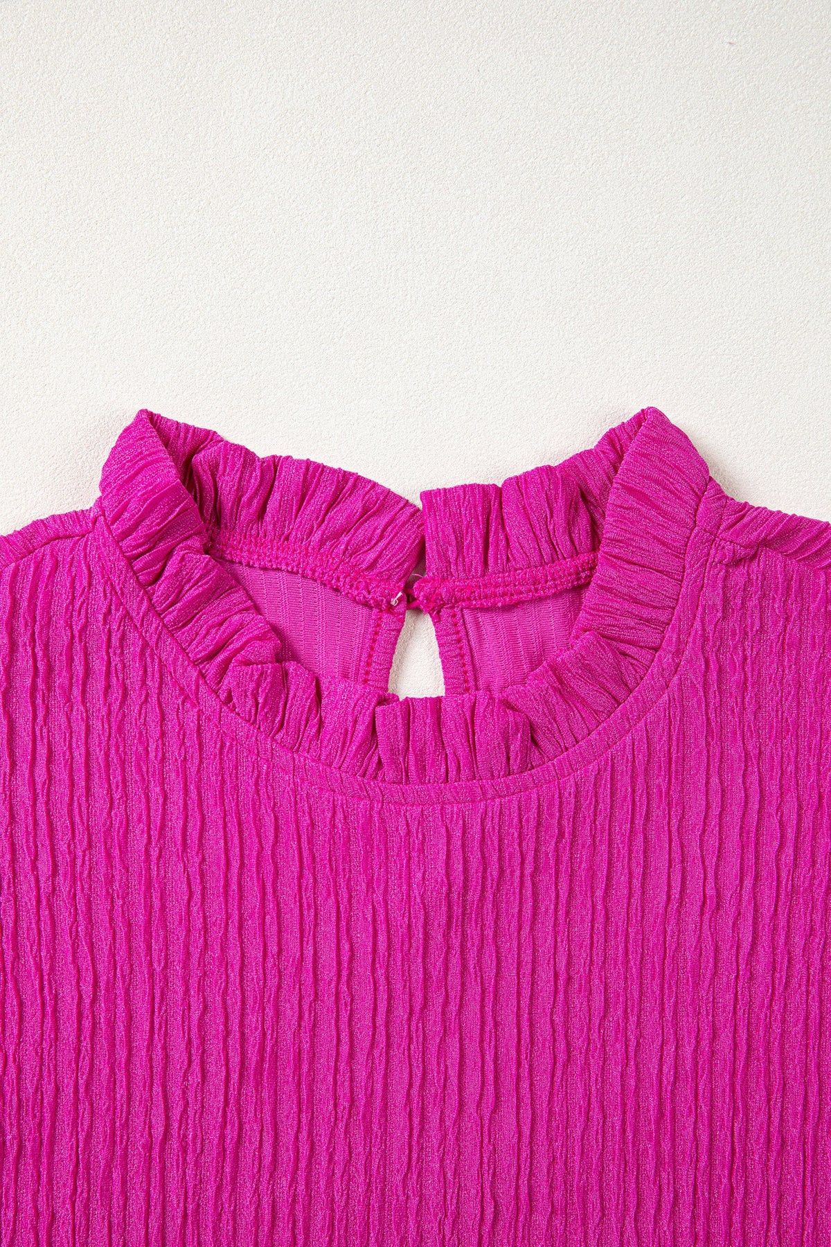 Solid Textured Ruffle Trim Short Sleeve Blouse