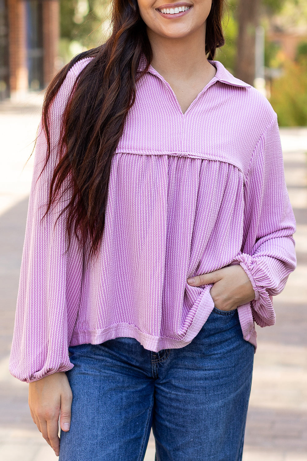 Corded V-Neck Bubble Sleeve Babydoll Blouse