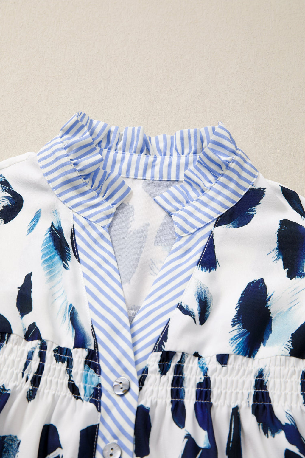 Abstract Leopard Stripe Ruffle Trim V-Neck Blouse