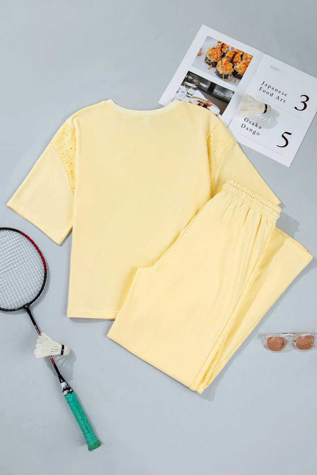 Solid Embroidered Eyelet Patchwork Top & Pants Set