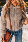 Solid Zip-Up Pocketed Fuzzy Jacket