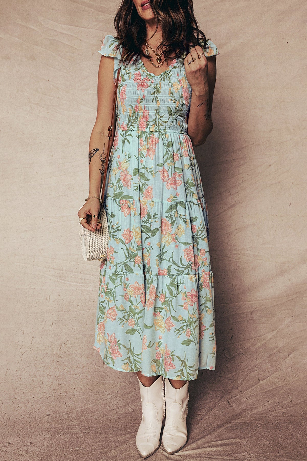 Floral Smocked V-Neck Ruffle Tiered Maxi Dress