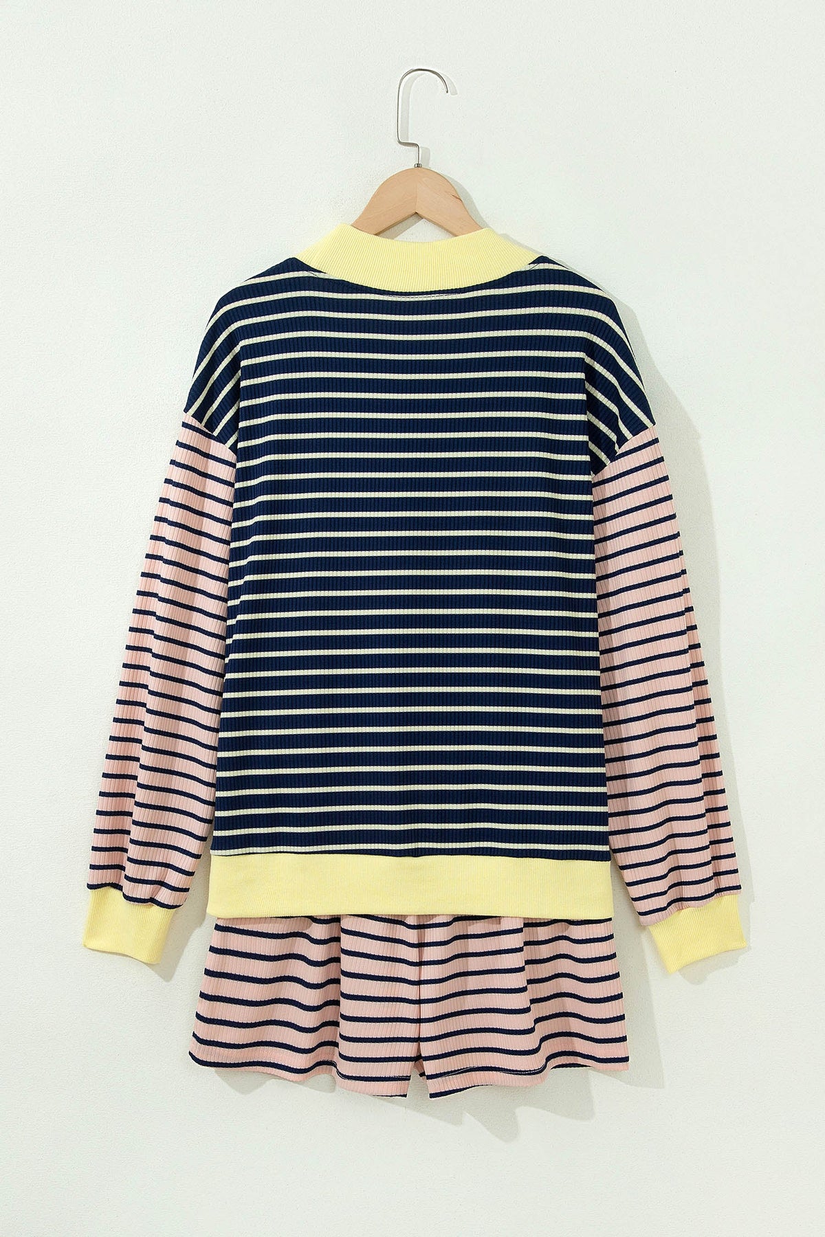 Stripe Long Sleeve Mock Neck Ribbed Knit Top & Shorts Set