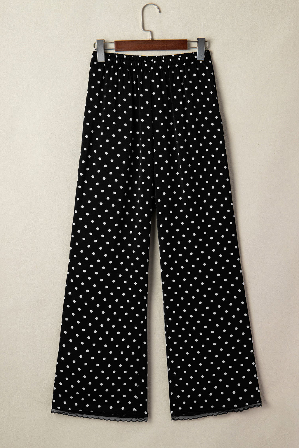 Polka Dot Elastic Waist Lace Hem Pants