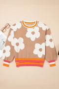 Flower Colorblock Contrast Stripe Baggy Sweater