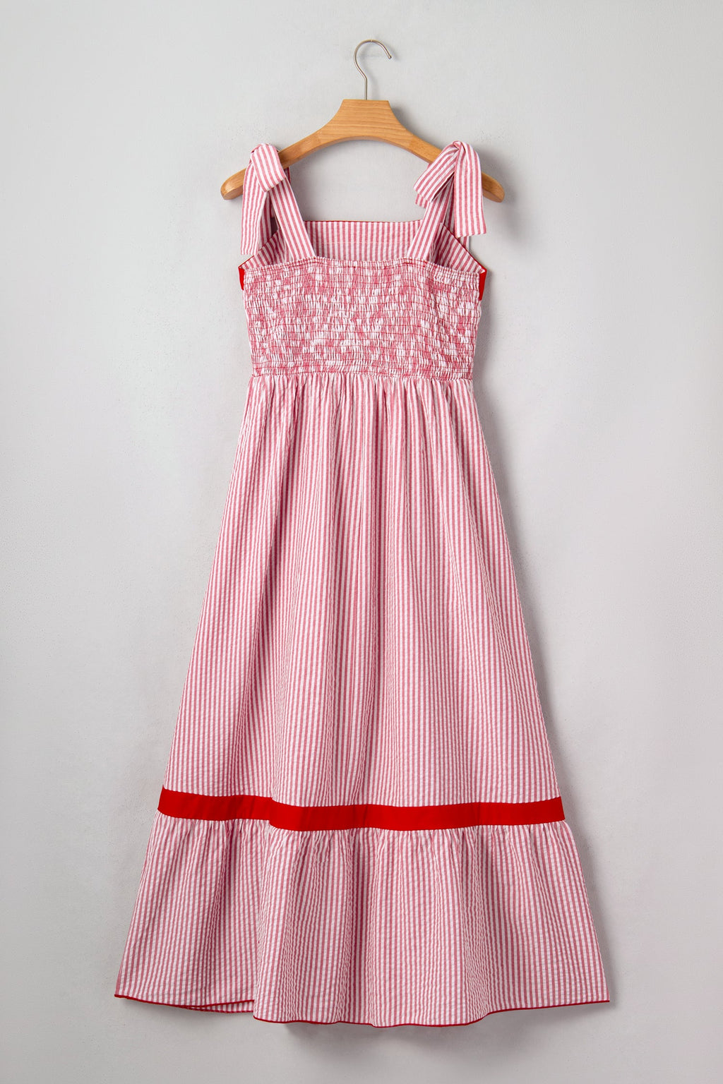 Stripe Bow Tie Straps Ruffle Hem Maxi Dress