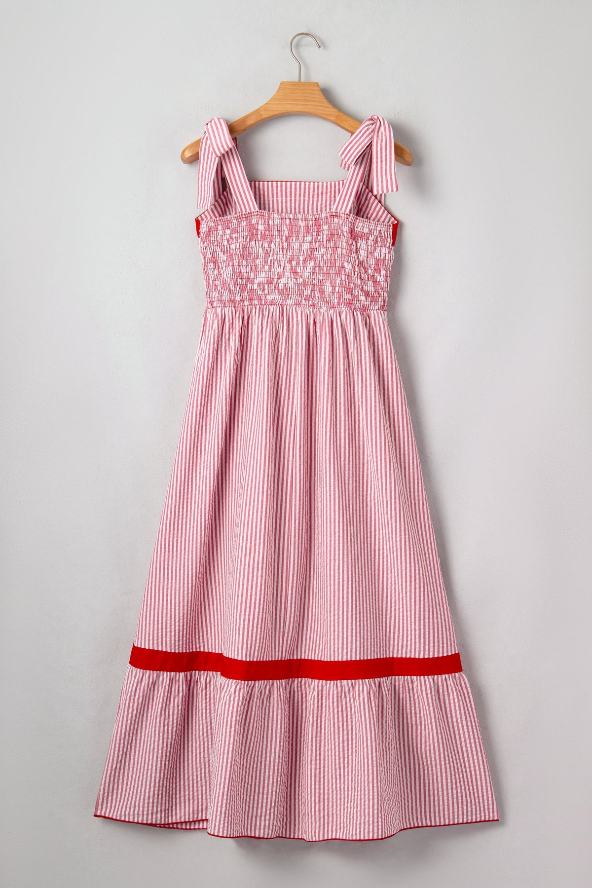 Stripe Bow Tie Straps Ruffle Hem Maxi Dress
