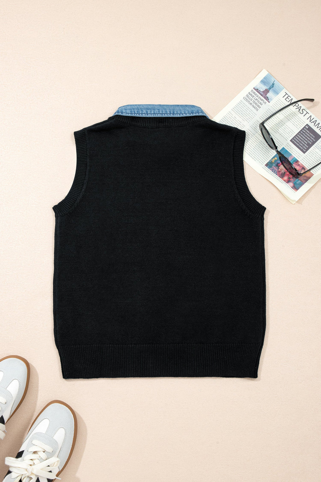 Denim Patchwork Collar Sleeveless Sweater Top