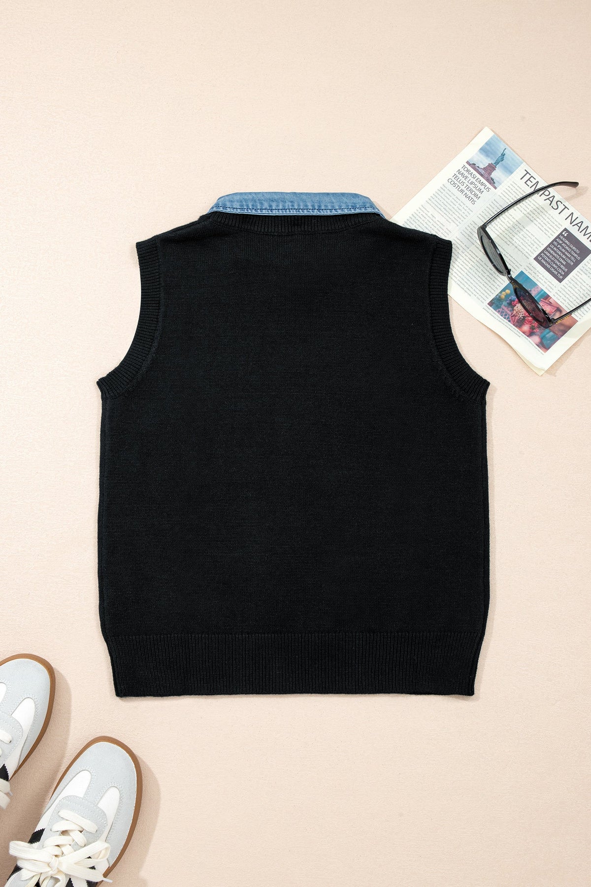 Denim Patchwork Collar Sleeveless Sweater Top