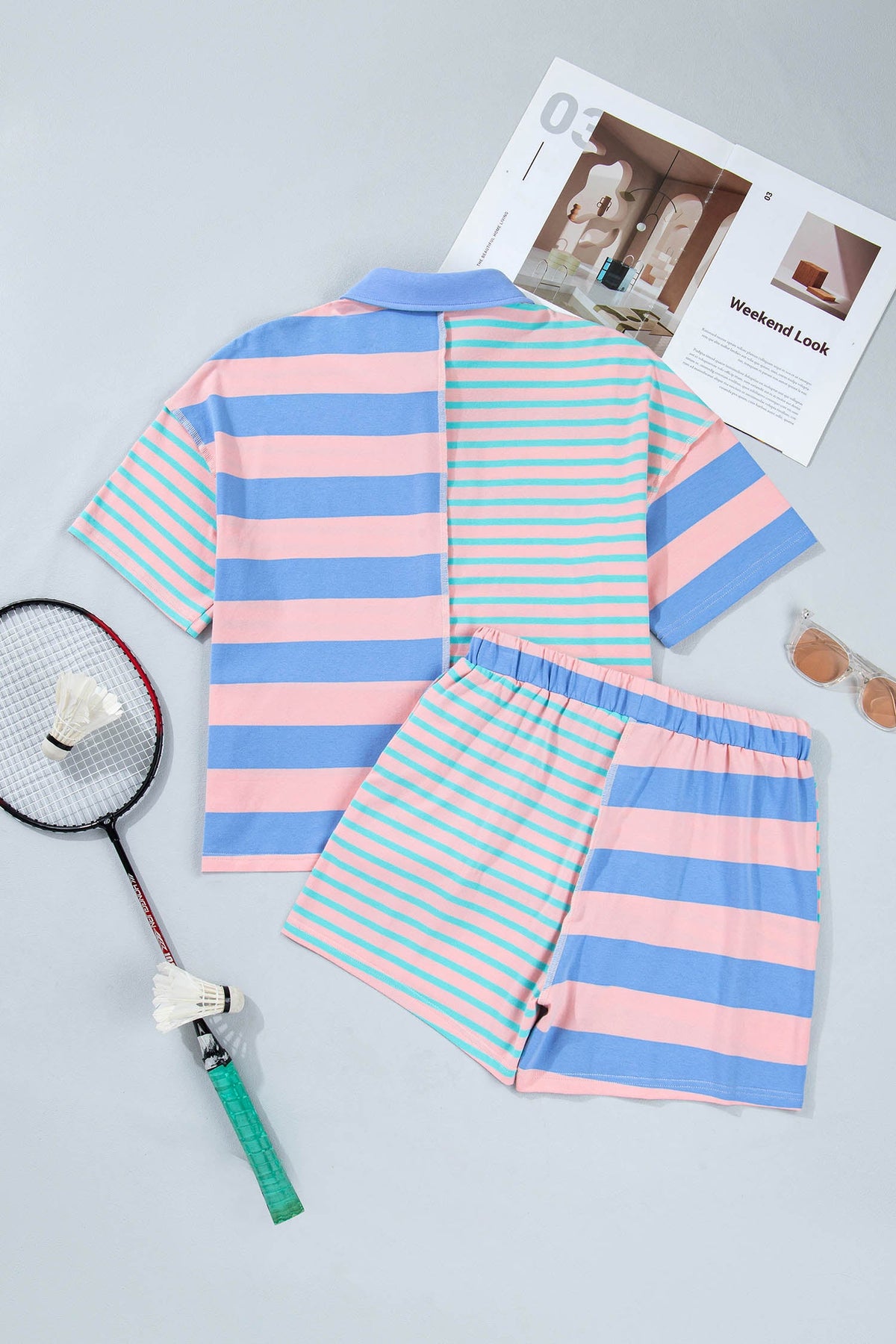 Stripe Patchwork Exposed Seam Top & Short Set
