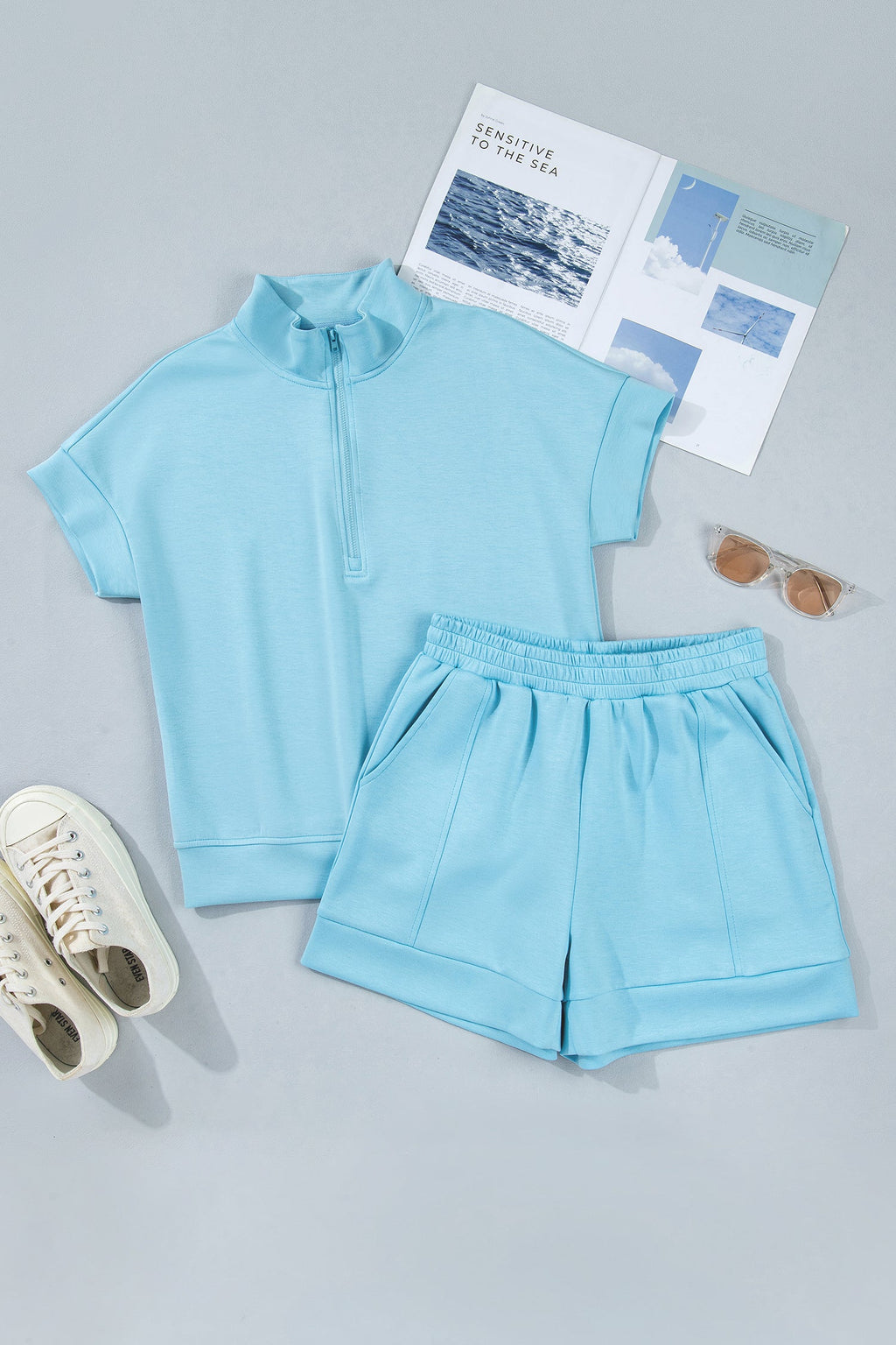 Solid Half Zip Tee & Shorts Athleisure Set