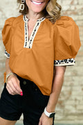 Leopard Contrast Trim Split Neck Puff Sleeve Blouse