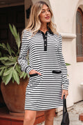 Stripe Collared Pocketed Long Sleeve T-Shirt Dress