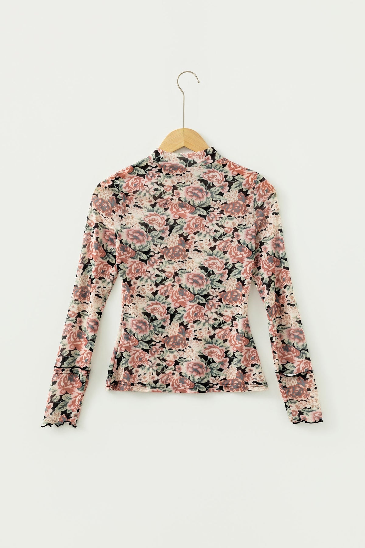 Floral Mesh Mock Neck Long Sleeve Top