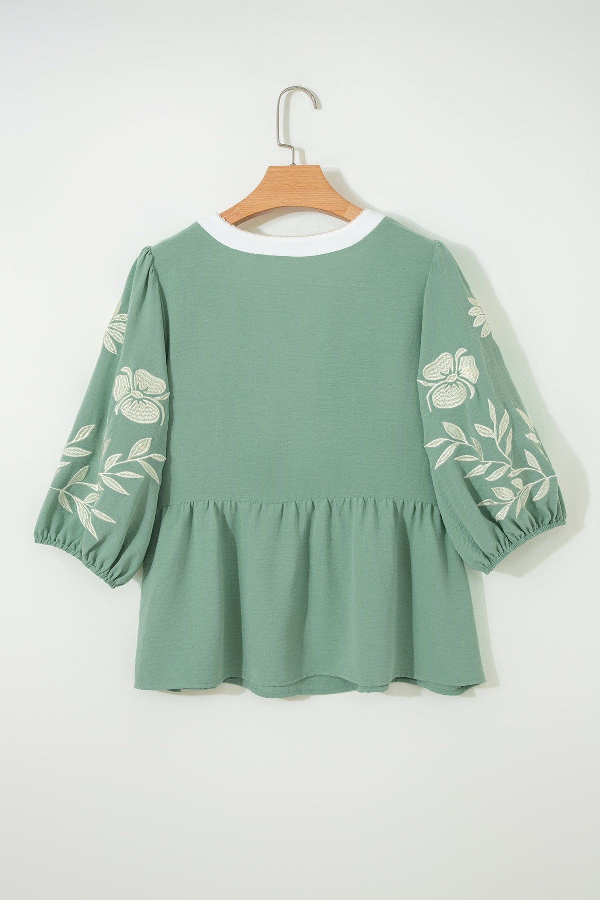 Floral Embroidered Colorblock Puff Sleeve Babydoll Blouse