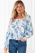 Floral Frilly Smocked Square Neck Long Sleeve Blouse