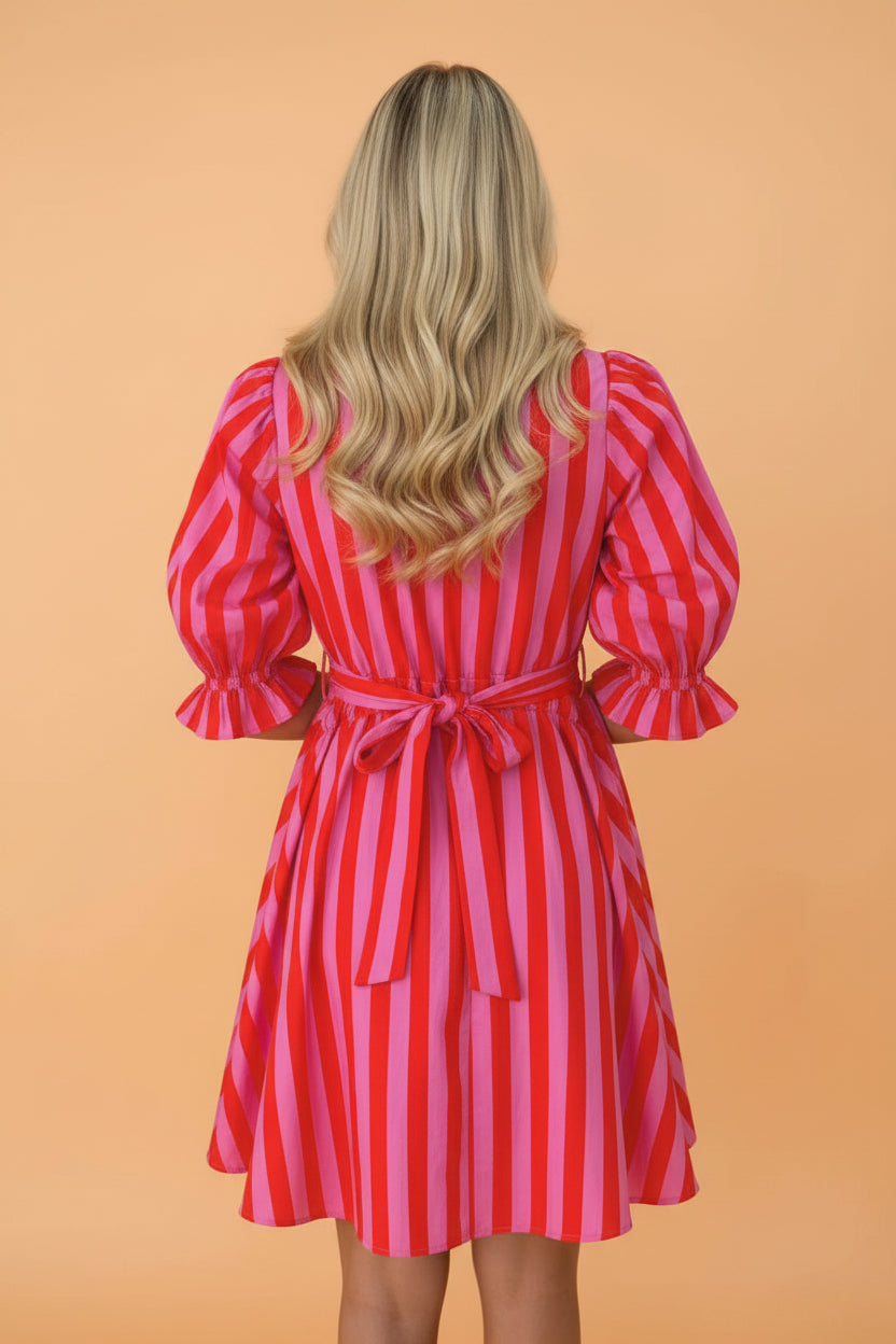 Stripe Half-Button Puff Sleeve Mini Dress