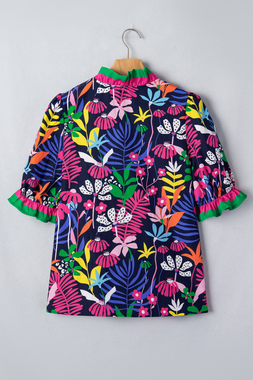 Floral Frilled Contrast Stripe V-Neck Blouse