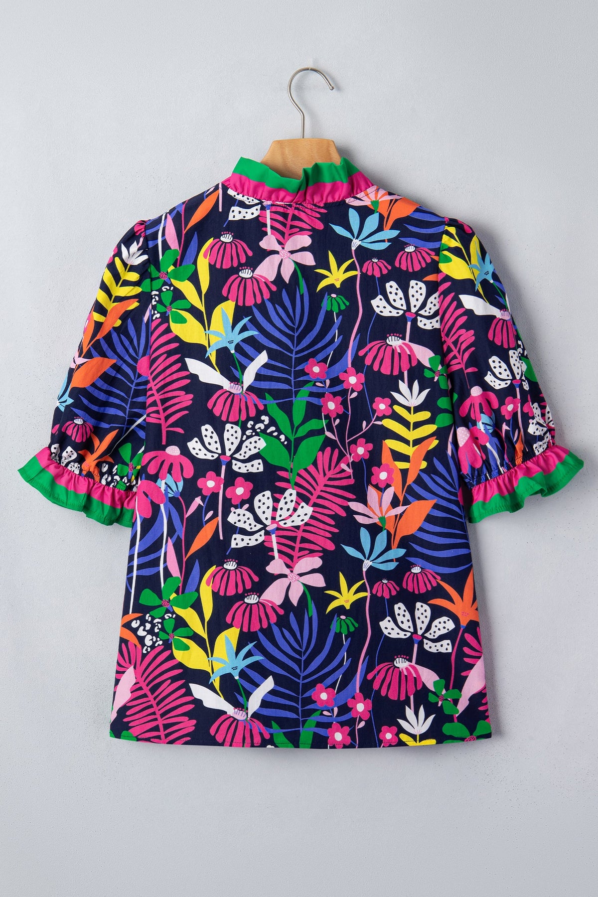 Floral Frilled Contrast Stripe V-Neck Blouse
