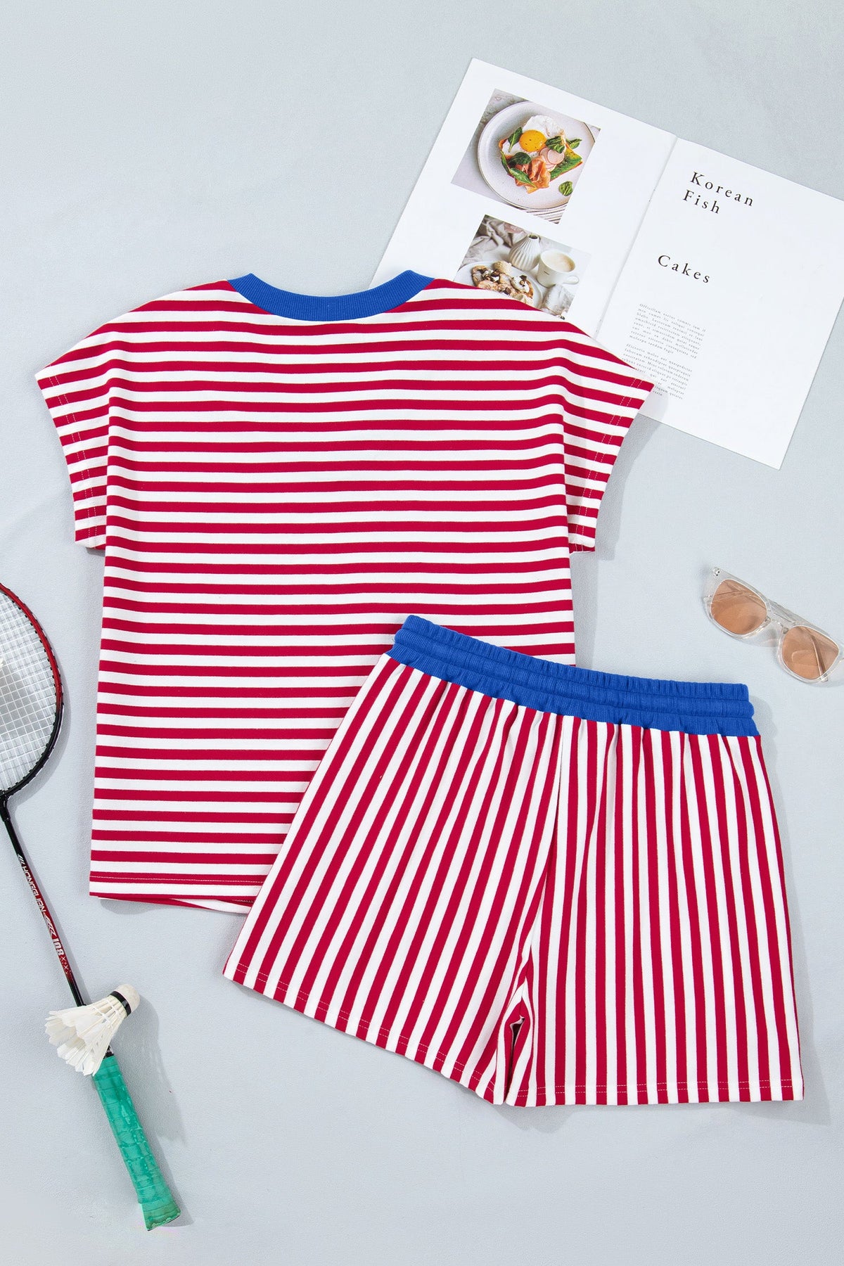 Stripe Colorblock V-Neck Tee & Drawstring Short Set