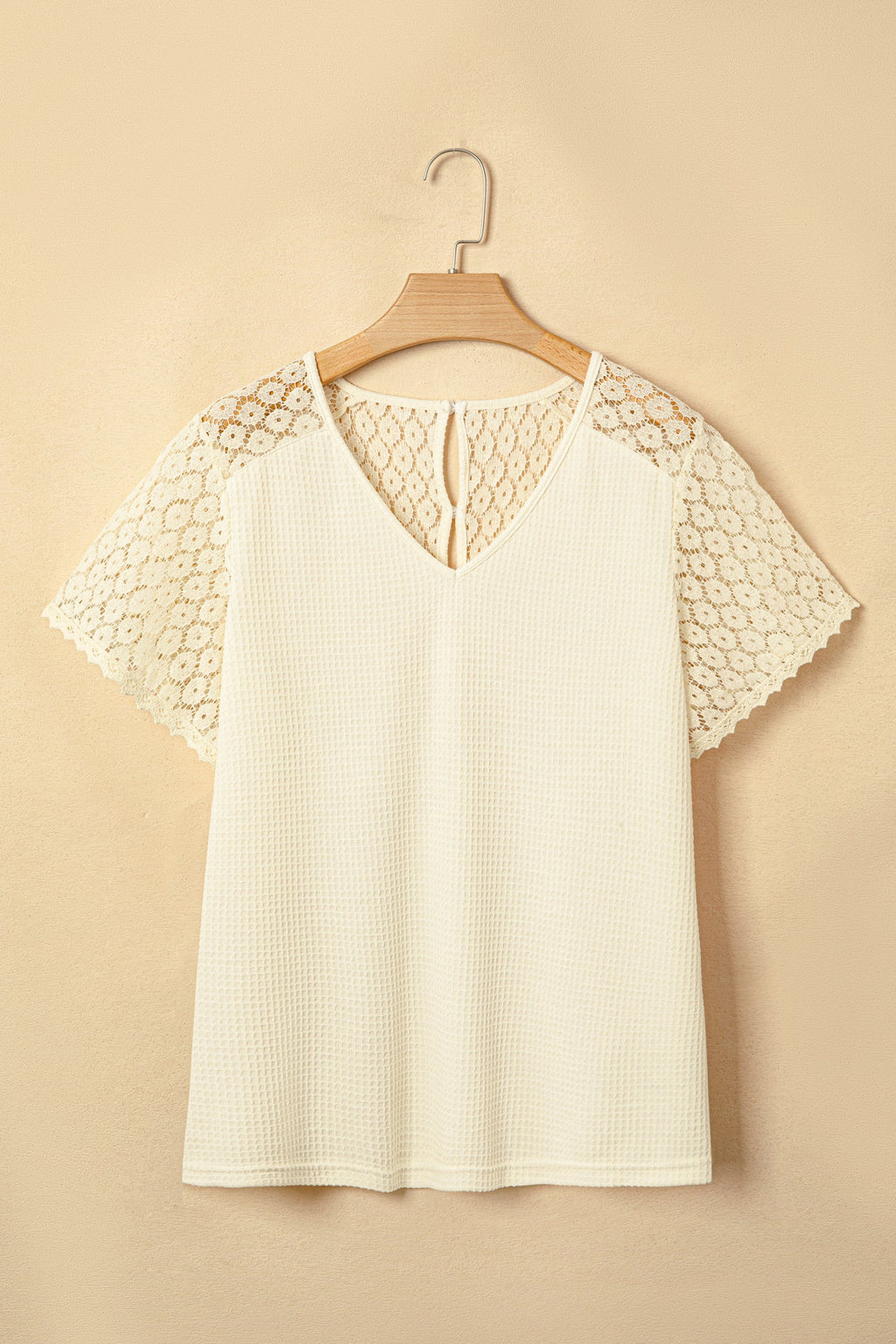 Lace Patchwork Buttoned Cutout Waffle Knit Blouse