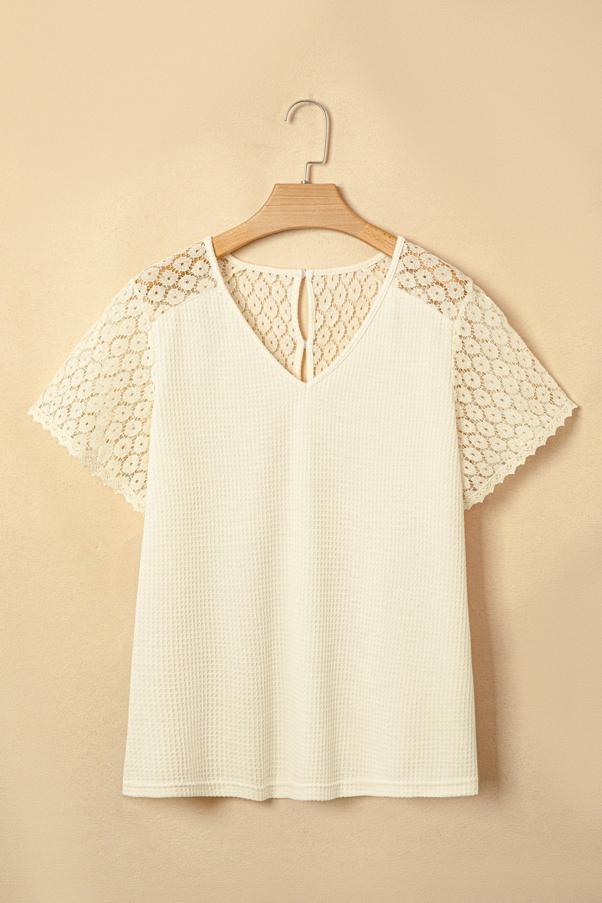Lace Patchwork Buttoned Cutout Waffle Knit Blouse