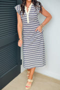 Stripe Ruffle Short Sleeve Contrast Trim Midi Dress