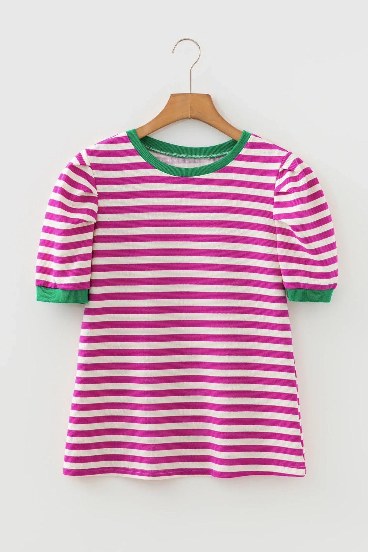 Stripe Contrast Trim Short Puff Sleeve Tee