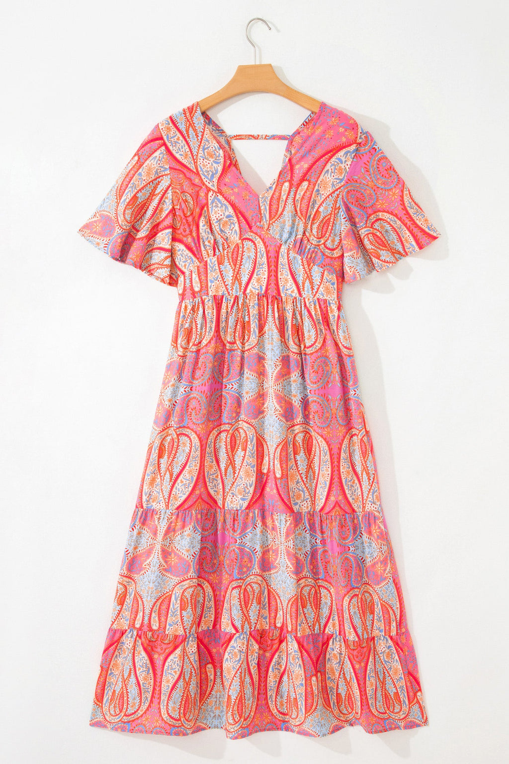 Boho Paisley V-Neck Short Sleeve Ruffle Maxi Dress
