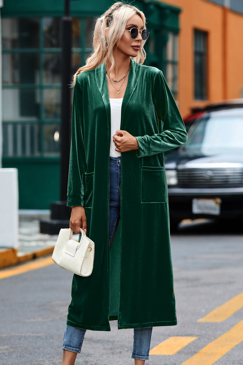 Velvet Open-Front Pocketed Cardigan
