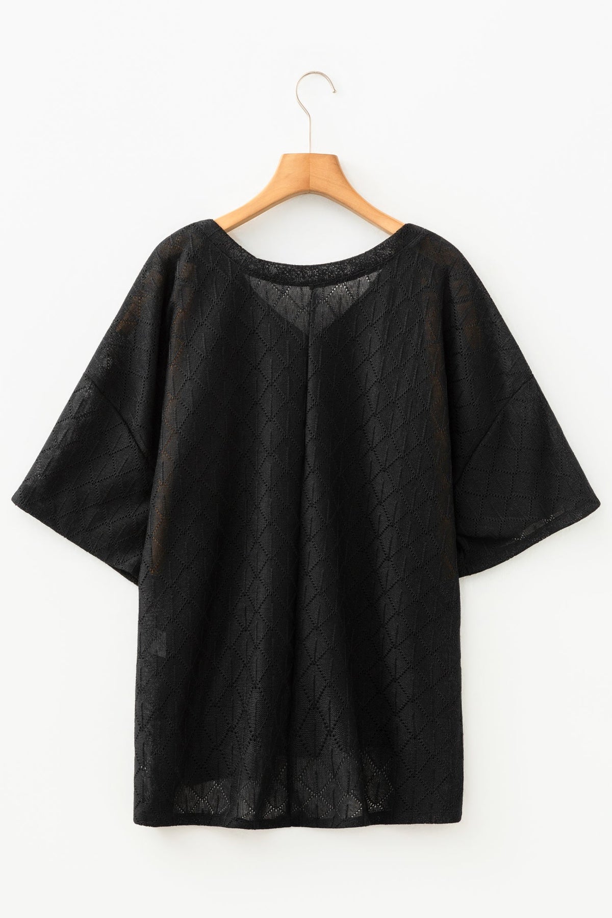 Plus Size Solid Pointelle Knit Rhombus V-Neck Top