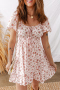Floral Front Tie Shirred Waist Ruffle Mini Dress