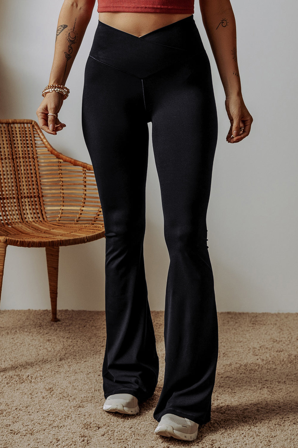 Solid V-Shape High Waist Flared Leggings