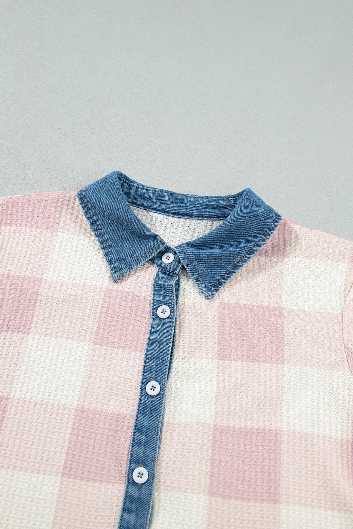 Plaid Contrast Denim Collared T-Shirt Mini Dress
