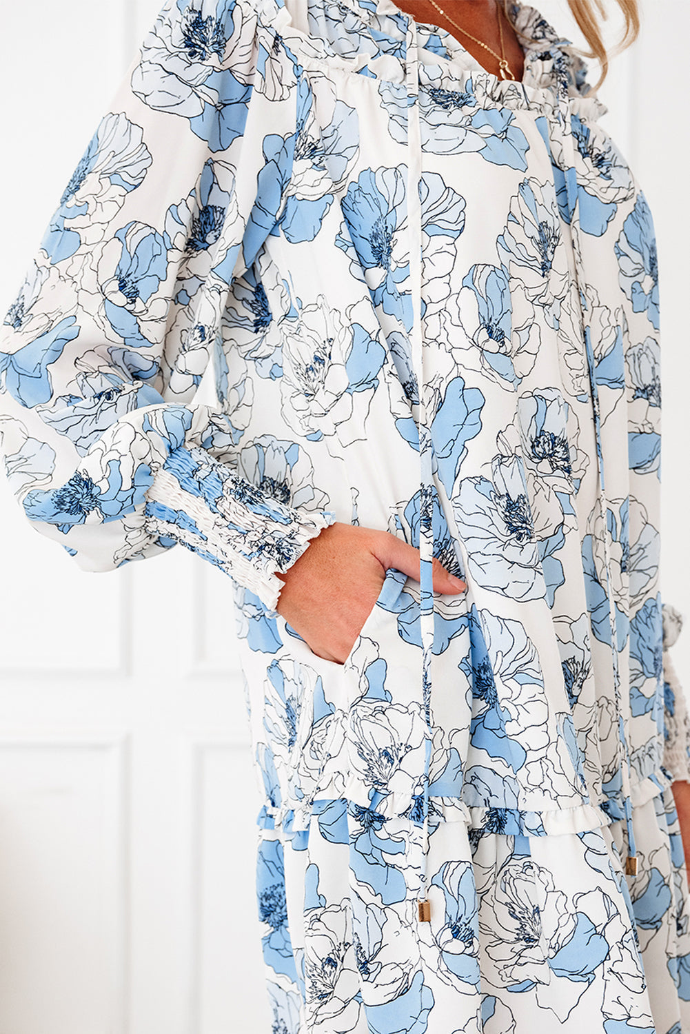 Floral Ruffle Tie Neck Mini Dress