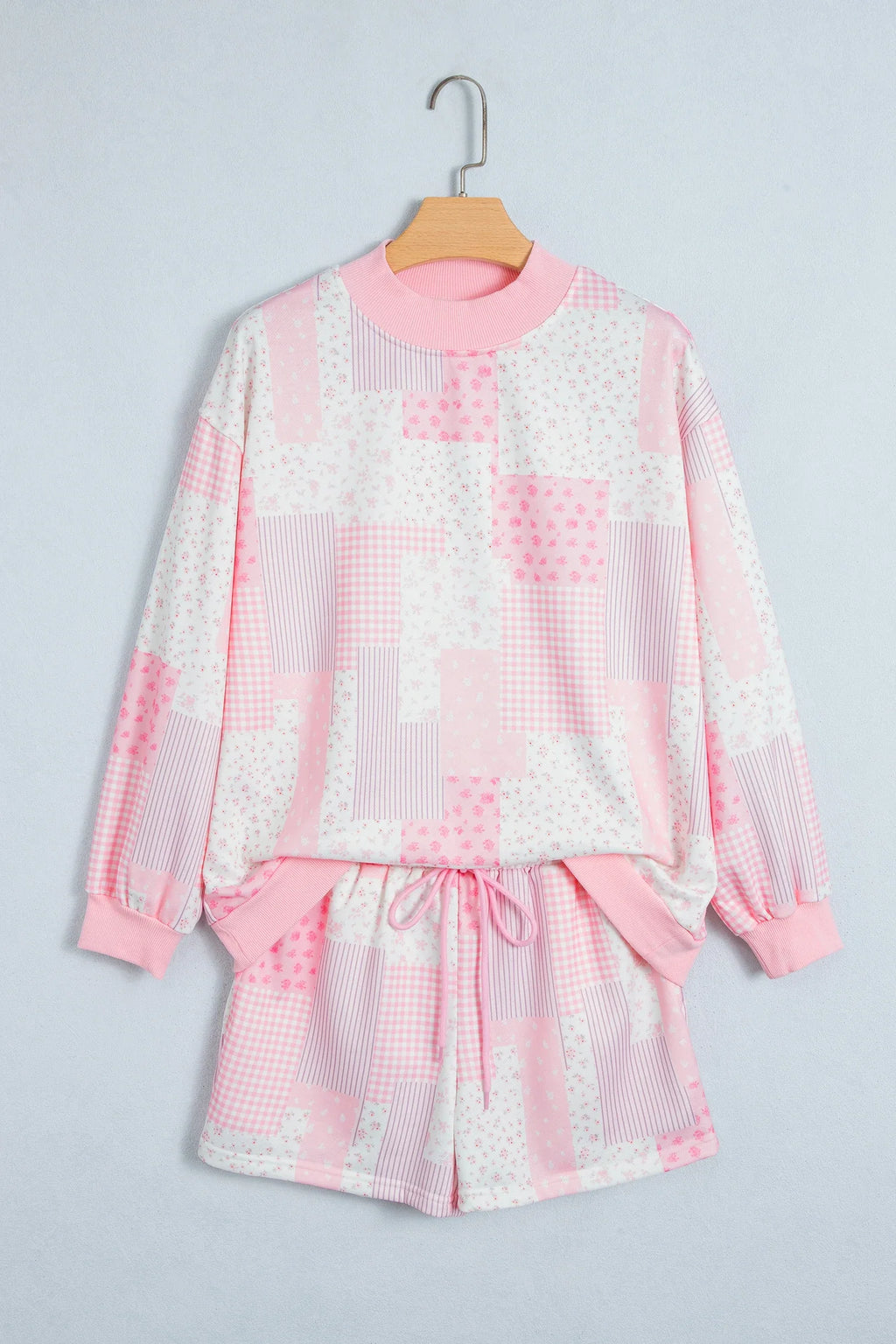 Floral Patchwork Sweatshirt & Drawstring Shorts Set