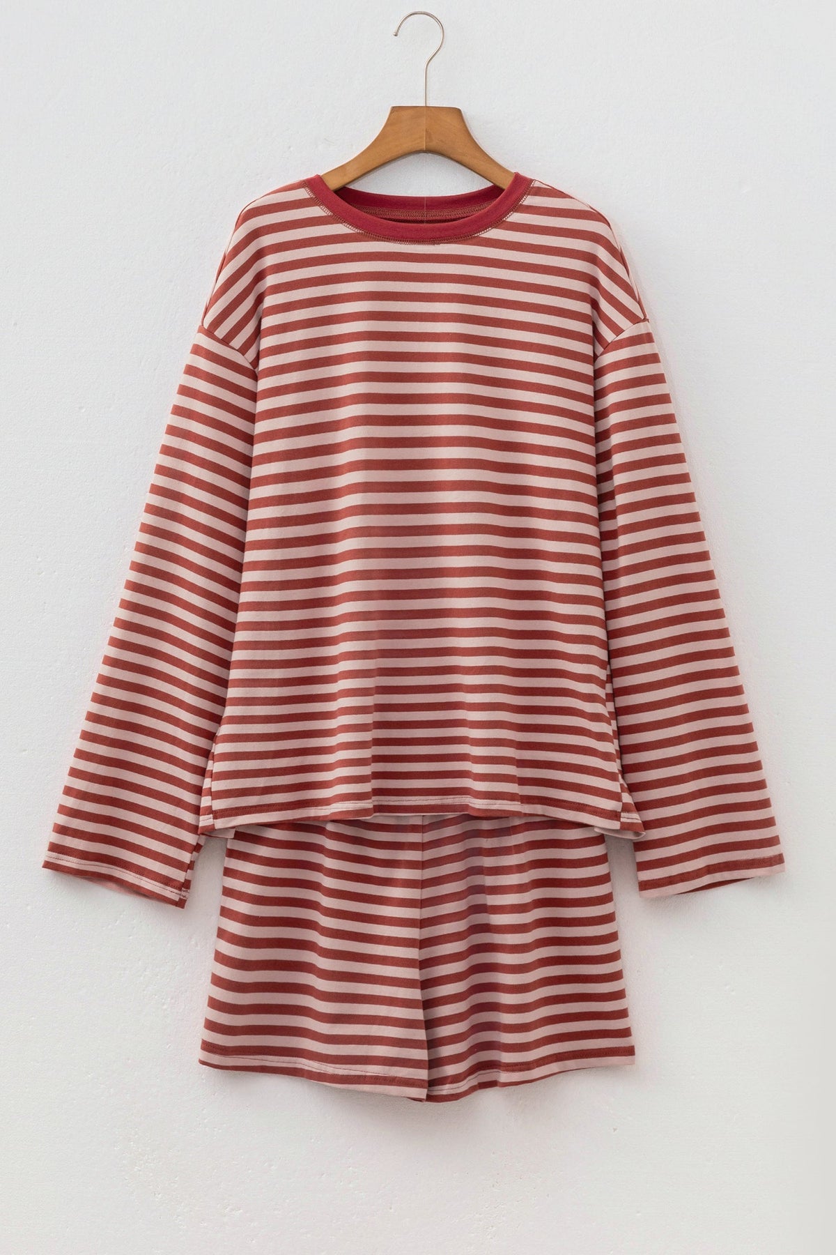 Stripe Contrast Long Sleeve Top & Elastic Waistband Short Set