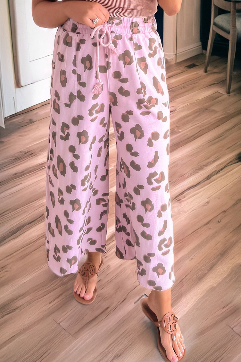 Leopard Drawstring High Waist Pocketed Pants
