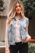 Denim Button-Front Scallop Trim Patch Pocket Vest