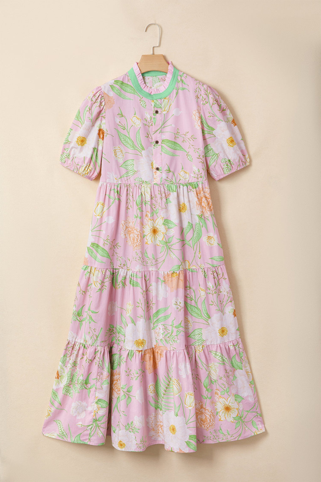 Floral Puff Sleeve Ruffle Tiered Maxi Dress