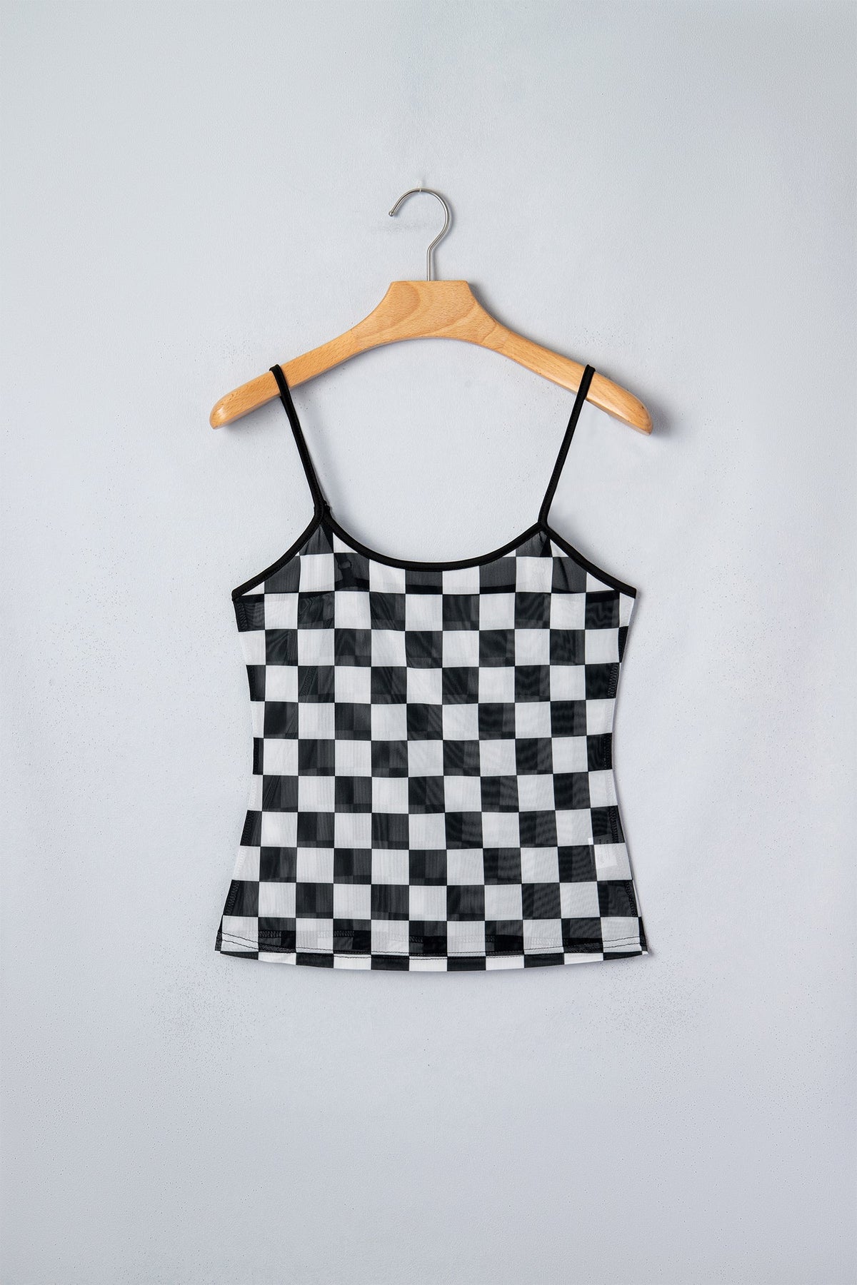 Checker Sheer Mesh Spaghetti Strap Tank Top