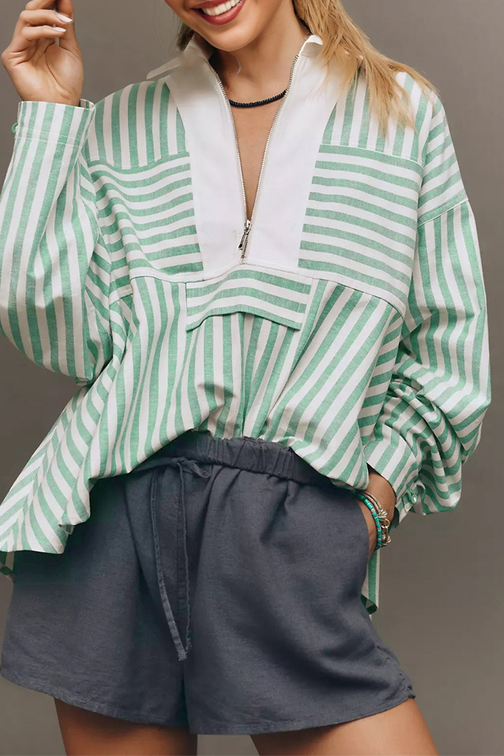 Stripe Half-Zip Long Sleeve Top