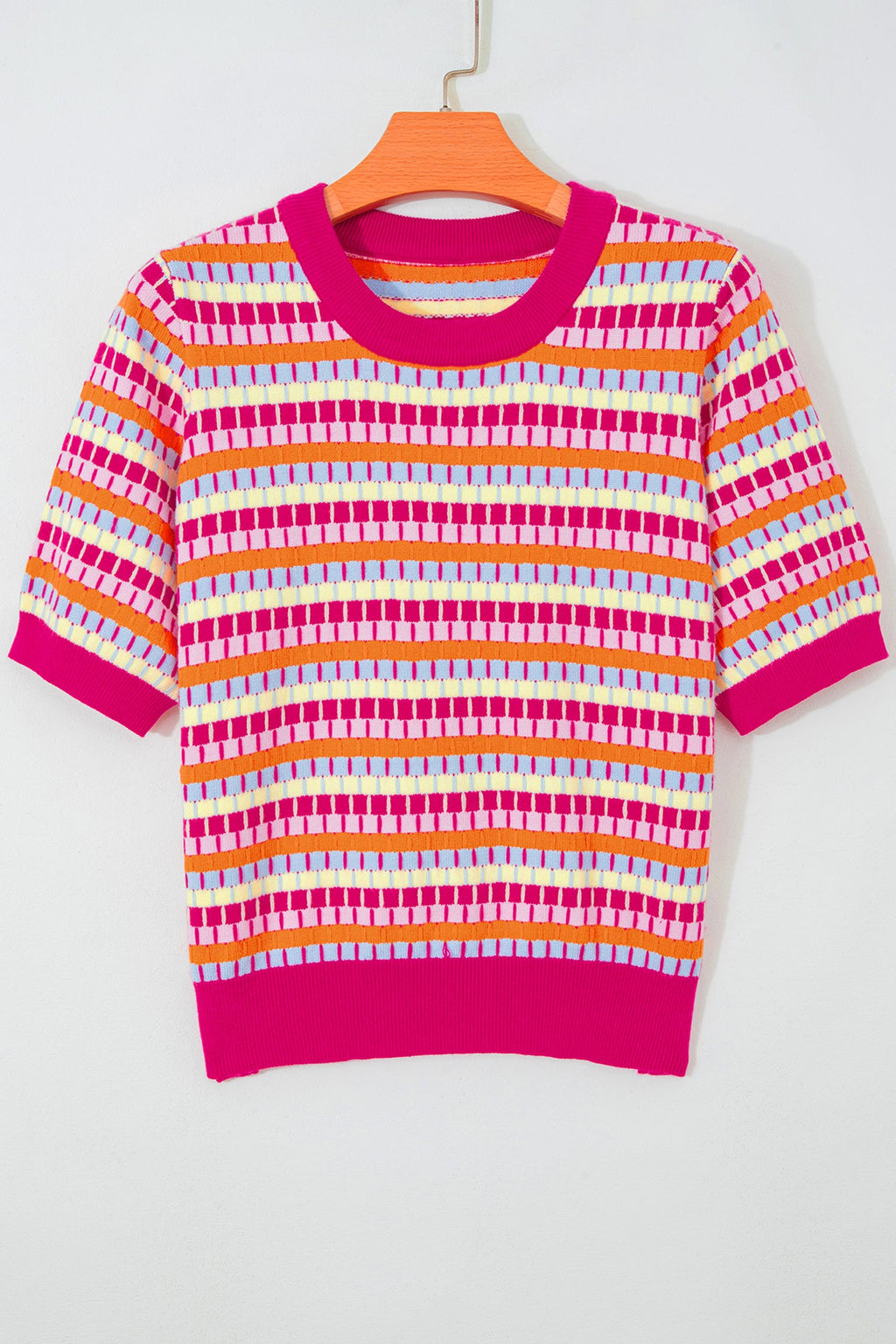 Abstract Stripe Short Sleeve Sweater Knit Top