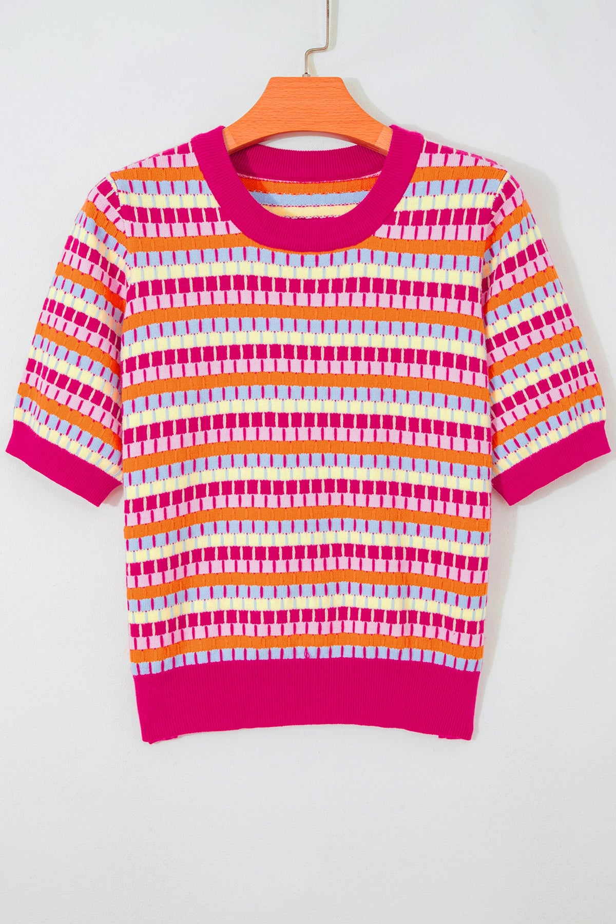 Abstract Stripe Short Sleeve Sweater Knit Top