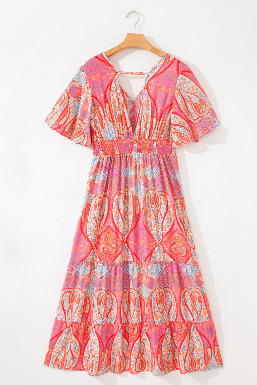 Boho Paisley V-Neck Short Sleeve Ruffle Maxi Dress