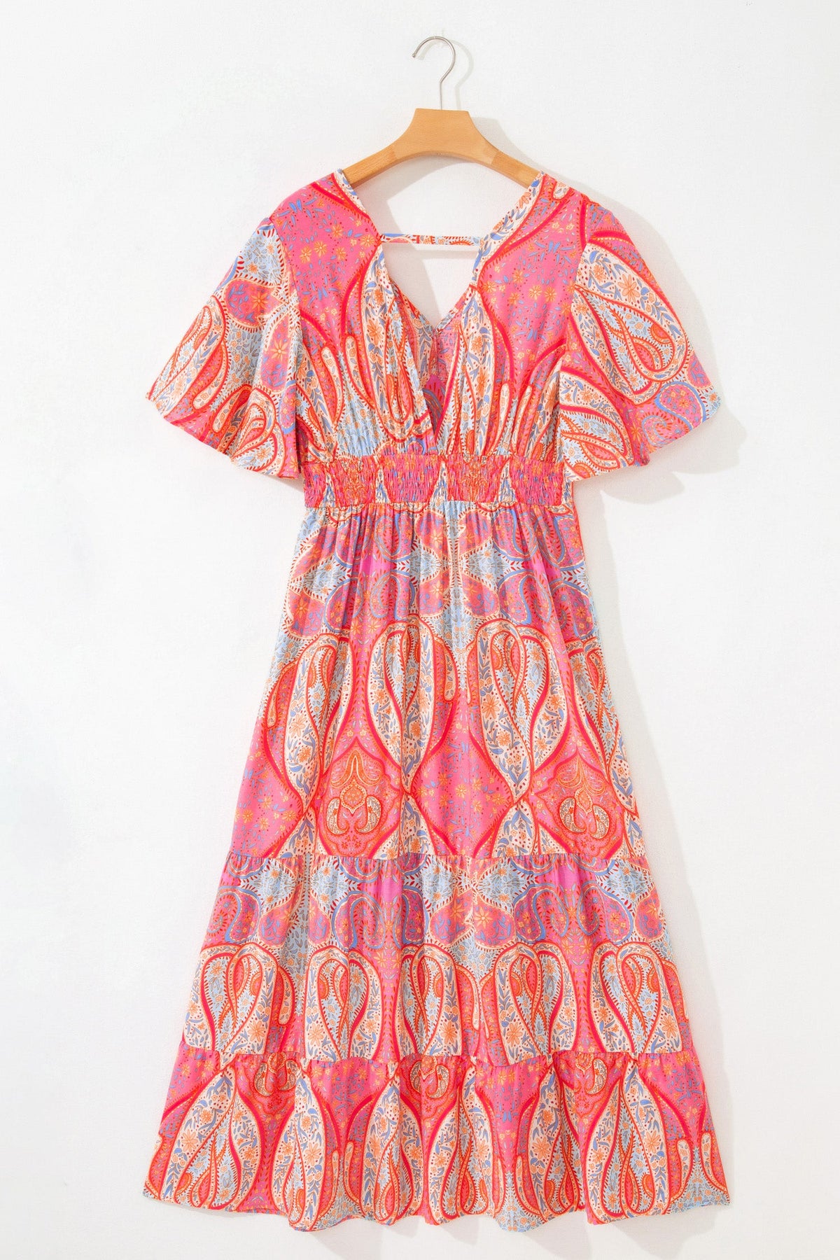 Boho Paisley V-Neck Short Sleeve Ruffle Maxi Dress